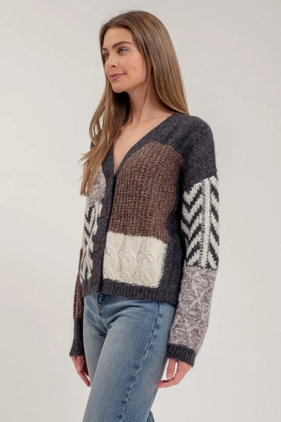 V Neck Patchwork Cable Knit Cardigan