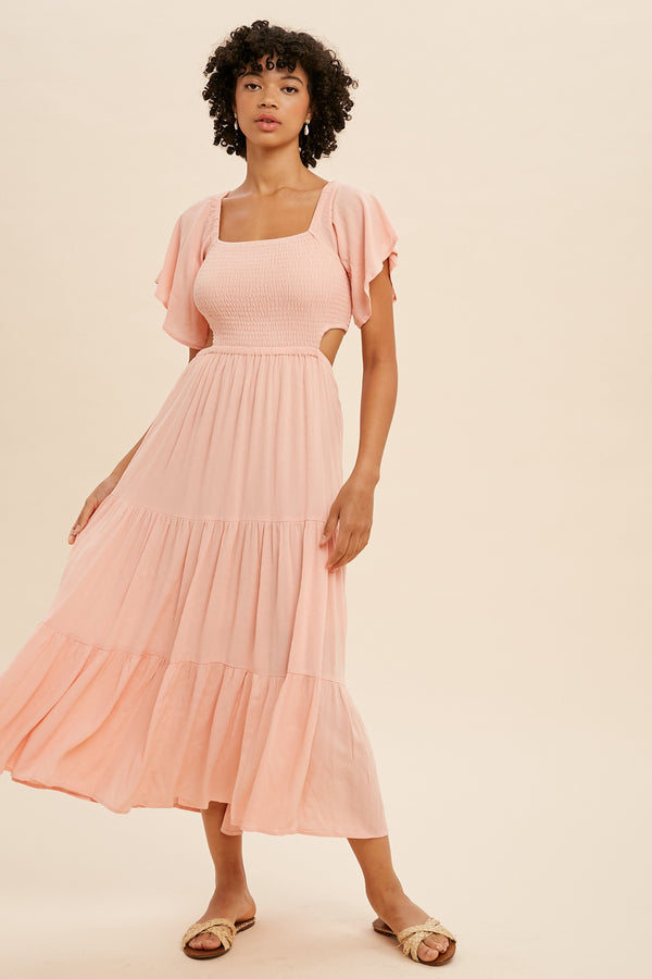 THE HEAT SMOCKED CUTOUT MIDI DRESS