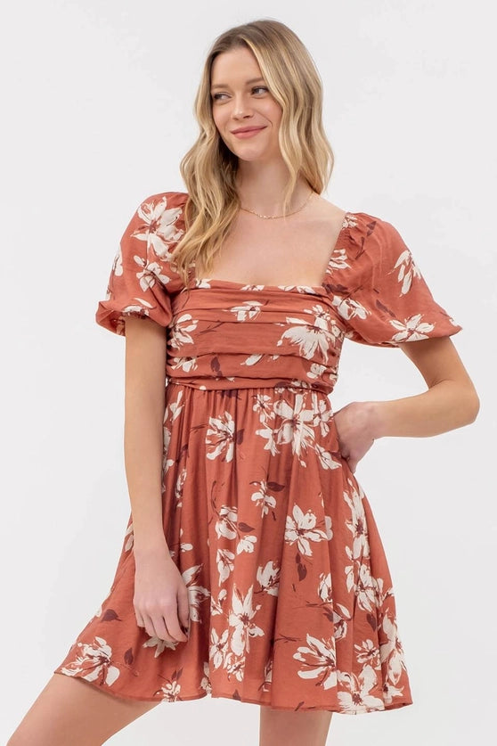 FLORAL PLEATED WRAP PUFF SLEEVE MINI DRESS