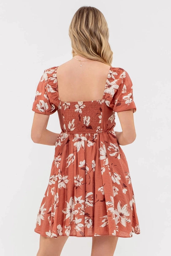 FLORAL PLEATED WRAP PUFF SLEEVE MINI DRESS