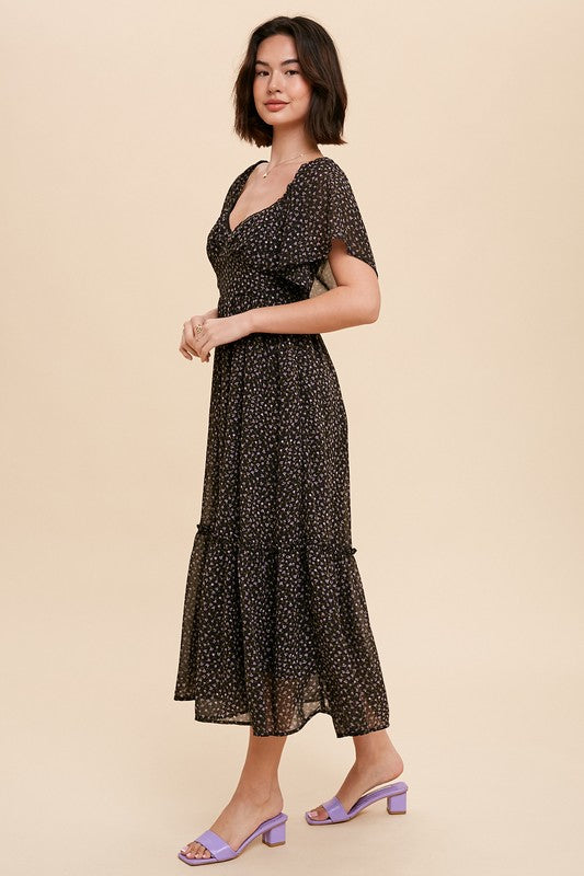FLORAL CHIFFON SWEETHEART MIDI DRESS